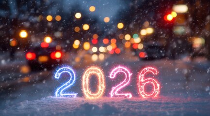 Colorful 2026 numbers illuminated in snow during winter evening with blurred city lights in background
