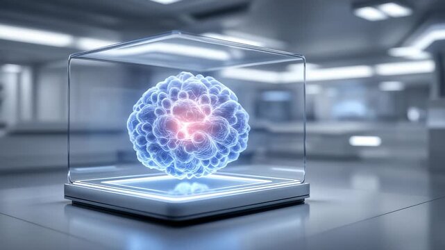 Glowing Virus Research Display in Glass Box