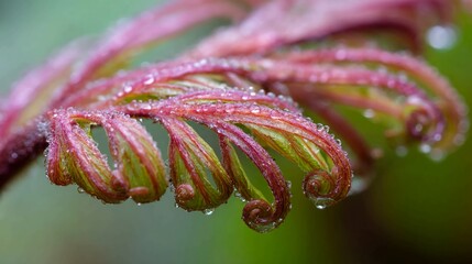 Close-up of a vibrant red-pink unfurling fern frond covered in dew drops, showcasing new growth in nature.