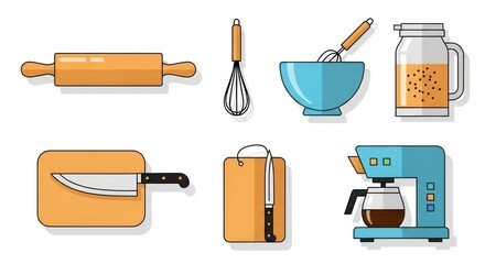 Flat design icons of various kitchen tools and appliances, including a rolling pin, whisk, mixing bowl, jar, knife, cutting board, and coffee maker.