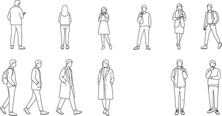 Business people walking standing using phone, casual fashion outline characters, modern lifestyle illustration, urban office workers, cad drawing flat vector illustration