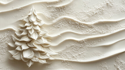 White icing in the shape of a christmas tree is displayed on a pink textured background, adding a touch of creativity to christmas celebrations, Copy space