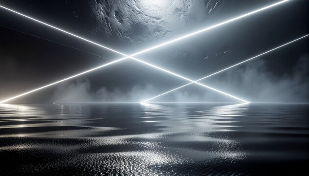 Crossed white neon laser beams reflect on a wet, rippling floor in a dark, foggy, and futuristic chamber.