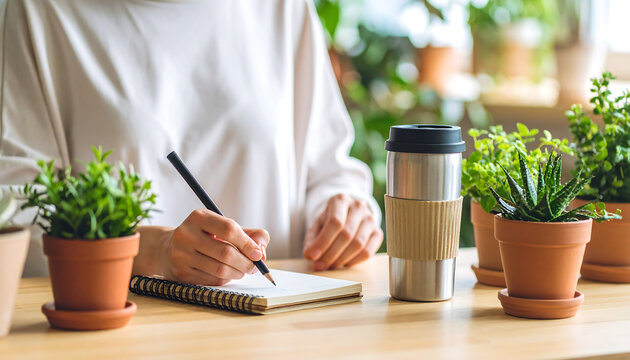 A woman enjoys a quiet moment, writing in her journal at a wooden desk surrounded by a lush collection of potted houseplants and a reusable coffee mug - Powered by Adobe