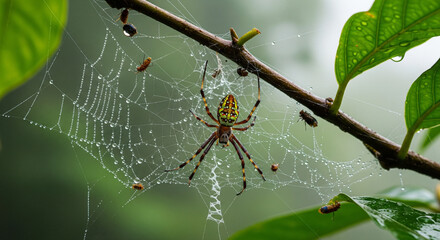 Spider Weaving Web with Rain Droplets in Rainforest