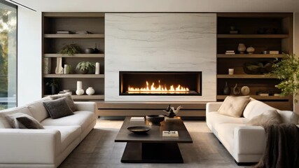Modern living room with elegant furniture, cozy fireplace, and minimalist decor for a relaxing atmosphere in a stylish home