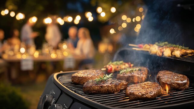 Backyard evening BBQ party with skewers and steaks on grill, friends socializing under warm string lights, outdoor summer gathering, cozy garden celebration food and drink scene