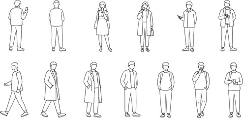 People standing, walking, using phone, modern casual outfit, urban lifestyle, male female characters, business attire, student look, cad drawing flat vector illustration