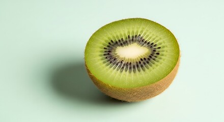 Macro Close-up of Kiwi Fruit Cross Section on Solid Background