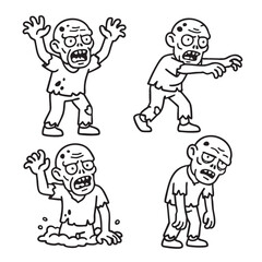 Cartoon zombies in various poses, black and white.  coloring, coloring book, coloring page