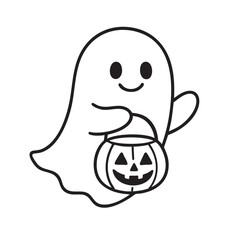 Cute ghost holding pumpkin bucket for Halloween  coloring, coloring book, coloring page