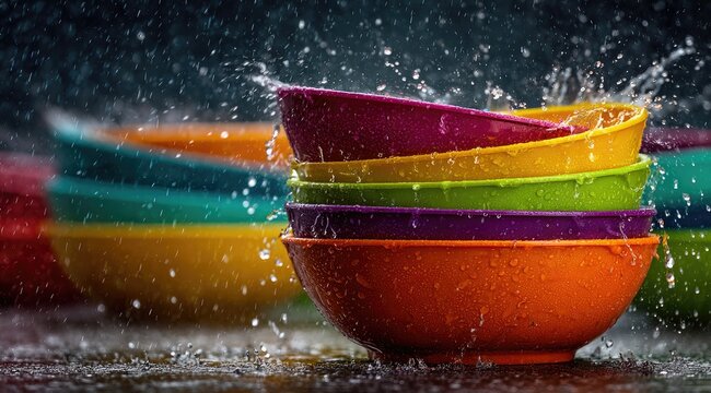 Colorful bowls stacked, water splashes