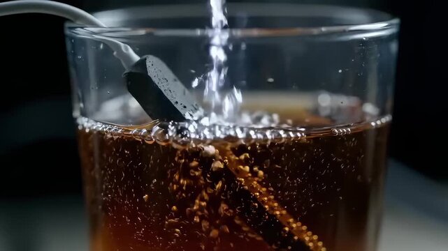 A glass cup filled with brown liquid showcases a heating element submerged inside. Bubbles form as the liquid heats up, demonstrating the heating process effectively.