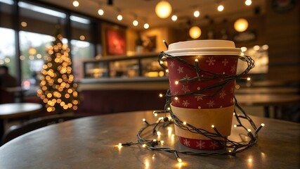 Red coffee cup with Christmas lights and bokeh tree