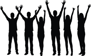 Silhouetted group of people raising arms in celebration, unity, and joy on white background – vector concept for teamwork success