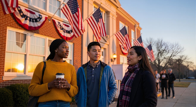 Capturing election day in usa with diverse voters in line outside polling place, showcasing us democracy in action. Election day evokes civic duty and political participation,