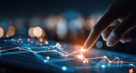 Hand interacts with glowing data on a touch screen