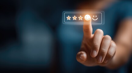Hand touches glowing review interface