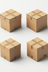 Fototapeta premium Four cardboard boxes with tape on a plain white background