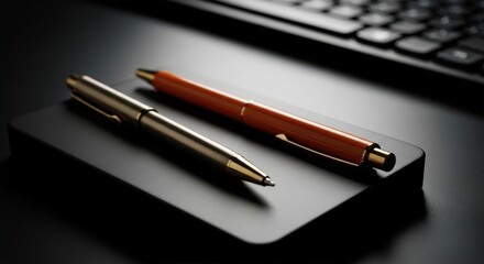 Naklejka premium Two elegant writing instruments a classic pen and a modern stylus rest on a dark surface near a keyboard
