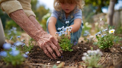 An elderly person and a young child enjoy gardening together, planting small blue flowers in the soil.