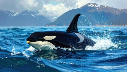 Fototapeta premium Majestic orca glides through the azure ocean waters, a powerful creature against a backdrop of snow-capped mountains.