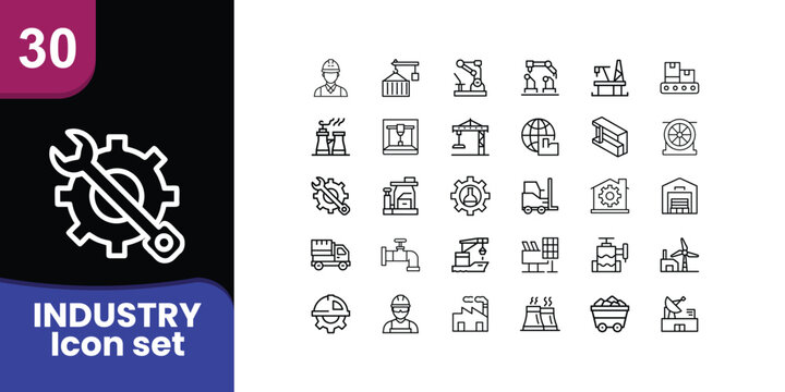 Industrial icons set mechanical engineering tools manufacturing process symbols collection