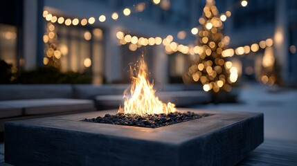 Contemporary fire pit close-up with warm flames, minimalist seating, and soft string lights — cozy outdoor evening ambience for patio, garden party, or modern backyard decor background