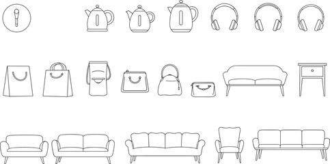 Furniture, sofa, chair, teapot, headphones, shopping bag, backpack, purse, interior design, household items, modern lifestyle, cad drawing flat vector illustration