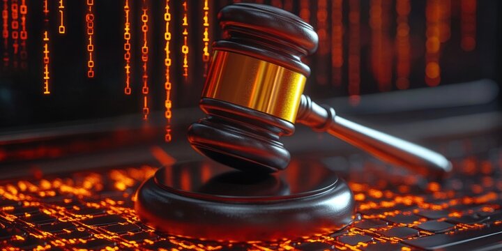 Gavel resting on a keyboard with glowing binary code, digital justice concept.