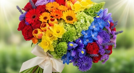 A vibrant bouquet of colorful flowers arranged in a rainbow spectrum, tied with a ribbon.