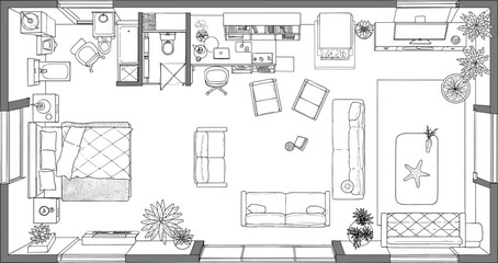 Modern apartment floor plan, detailed home layout, bedroom and living room design, architecture blueprint, interior planning, cad drawing flat vector illustration