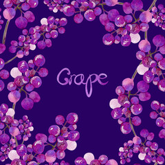 Fototapeta premium Watercolor grape seamless fruit frame pattern on purple background