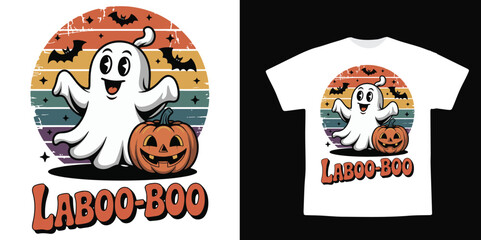 Cute Halloween Ghost Bunny with Pumpkin and Retro Sunset Background – Funny Laboo-Boo Typography T-Shirt Design Vector