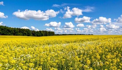 Fototapeta premium Vibrant canola blooms under a brilliant sky: a rural landscape delight