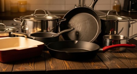 A collection of cookware, including cast iron skillets and stainless steel pots, sits on a dark wooden countertop.
