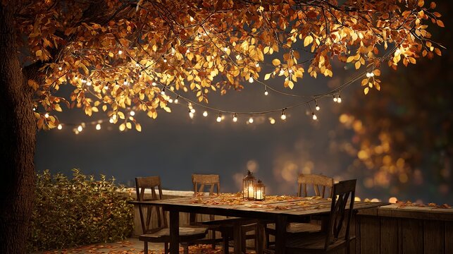 Cozy outdoor fall scene with autumn leaves and warm string lights over rustic wooden table — seasonal harvest ambience, backyard evening dining, copy space background
