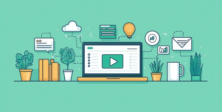 Flat illustration of a workspace with laptop and communication elements - Powered by Adobe