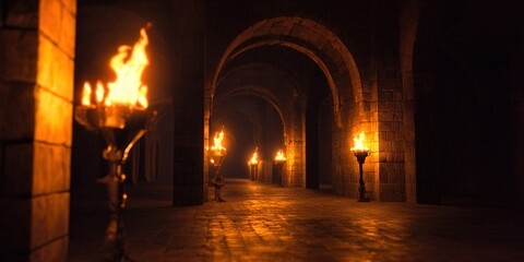 A torch-lit corridor of stone, creating an atmospheric and mysterious scene.