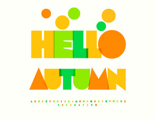 Vector Watercolor poster Hello Autumn. Transparent Colorful Font. Modern Bright Joyful Alphabet Letters and Numbers set