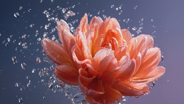 Orange flower blooming with water droplets splashing around petals on soft blurred blue and purple gradient background close-up detailed macro photography - Powered by Adobe