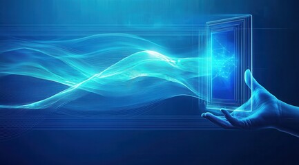 Futuristic visualization of digital flow and transparent technology in bright blue
