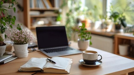 Cozy workspace featuring a laptop, coffee, notebook, and plants, bathed in natural light.