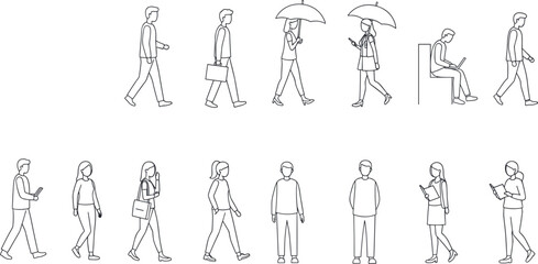 People walking, casual lifestyle, business commute, reading smartphone, using laptop, umbrella rain scene, human figure outline, cad drawing flat vector illustration