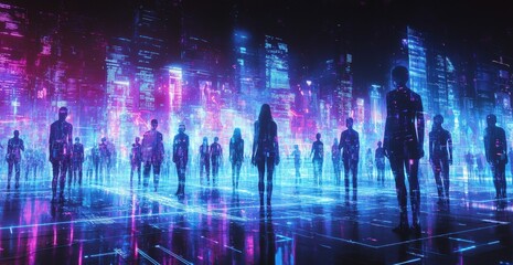 Fototapeta premium Digital silhouettes of futuristic figures in vibrant holographic neon cityscape