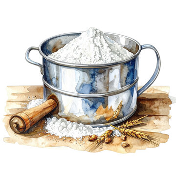 watercolor flour sifter, wheat, baking setting clip art preview