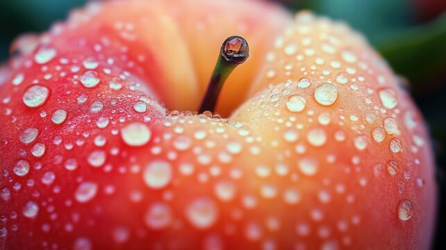 A macro shot of a vibrant red apple with water droplets on its surface.