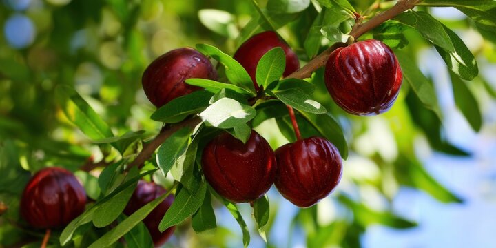 Vibrant red jujube fruits hang from a tree branch, ready to harvest.
