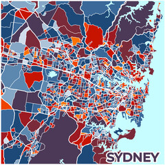 Detailed stylized map of Sydney, Australia, showcasing the iconic city's metropolitan area in shades of blue, orange, and teal, highlighting its urban sprawl across the continent of Australia.