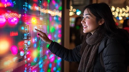 Smiling young Asian woman in winter jacket and scarf interacts with large colorful digital display exploring data graphics for technology innovation connectivity smart urban living concept - Powered by Adobe